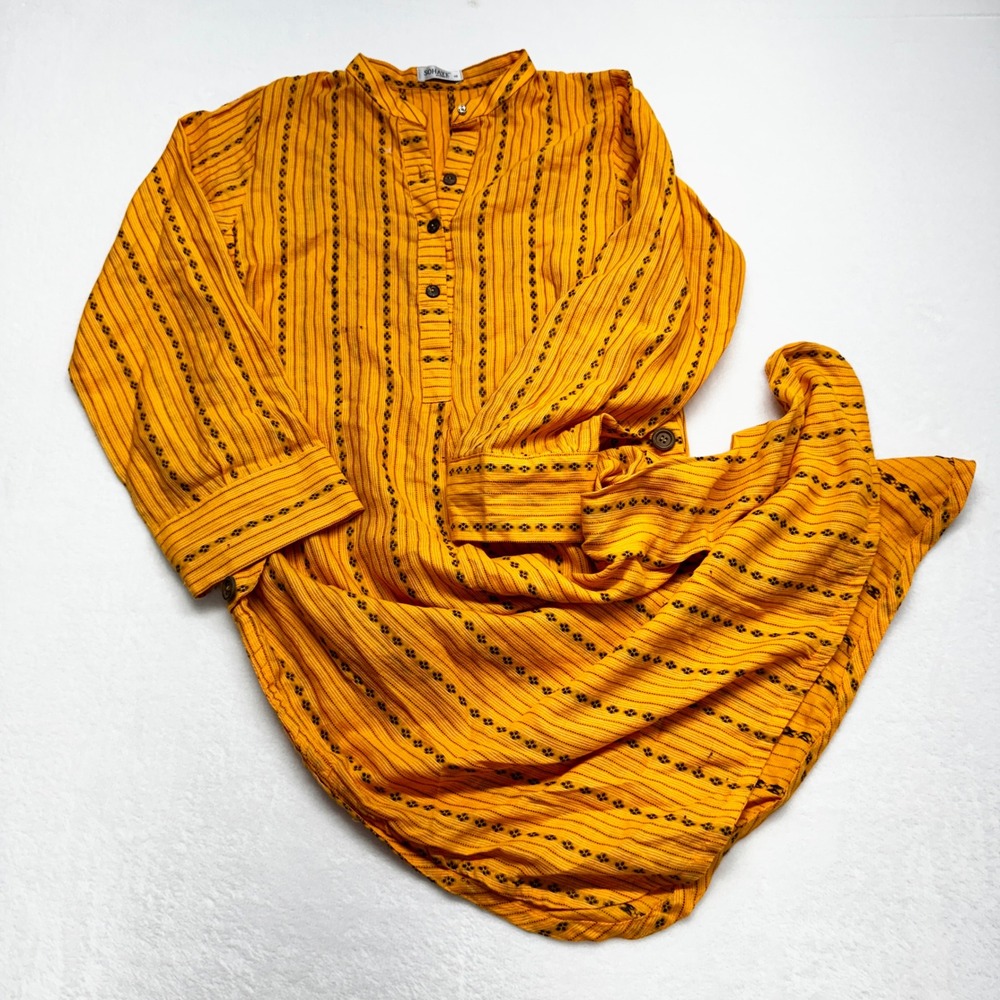 Sohaye by Diners Striped Tunic Dress Womens Size 10 Yellow Boho Kurta Cotton Mix